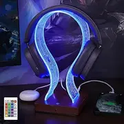 YuanDian Headphone Stand with 16 Changing Colors, Wooden Headset Holder with USB & Type-C Charging, Touch Control with Remote
