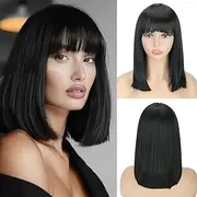 QUEENTAS Short Black Bob Hair Wigs for Women Light Black Wig Full Head with Bangs Synthetic Hair Straight Black Bob Wig for Daily Party Cosplay