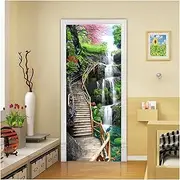 Door Stickers Waterfall Door Stickers Natural Fall Wallpaper Green Jungle Forest Landscape 3D Self-Adhesive Mural Hotel Bedroom Poster(F,77x200cm)