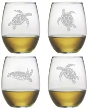 Susquehanna Glass Set of 4 Sea Turtles Assortment Stemless Wine Glasses