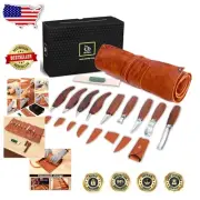 Elegant Wood Whittling Knife Set - 9-Piece with Leather Sheaths for Storage