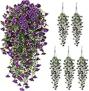 Artificial Hanging Flowers for Outdoors, 5Pcs UV Resistant Faux Petunias, Realistic Fake Silk Long Vines Morning Glory Eucalyptus for Outside Indoor Planter Porch Patio Home Decor (Purple)