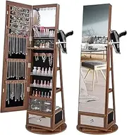 Costway Jewelry Armoire, Wall/Door Mounted Jewelry Cabinet w/Full-Length Mirror & Inner Makeup Mirror, Cosmetics Storage Organizer w/ 84 Earring Shelves (Brown)