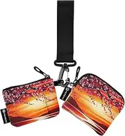 [XYMZR] Mini Zip Around Wristlet keychain Wallet Cherry Bloom Sunset for Women Personalized Pattern Detachable Dual Pouch Wristlet Portable Wallet Phone Coin Purse, Multi-colored, One Size