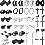 [VELESAY] 20 Pairs of Men's Stainless Steel Stud Earrings Set, Hypoallergenic Black Hoop Earrings, Women's Cubic Zirconia Cross Earrings, Piercing Cartilage Earrings for Men and Boys