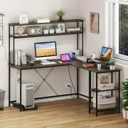 CostwayL-Shaped Gaming Desk with LED Strip and Power Outlets-Grey