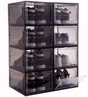Shoe Organizer Storage Boxes 8 Pack Black & Clear Stackable w/Magnetic Door NEW!