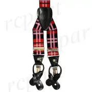 New in box Men's Suspender Elastic clips buttons plaid & Checkers Red Formal