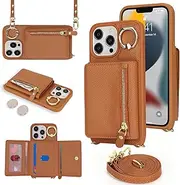 SunYoo for iPhone 13 Pro Crossbody Case with Card Holders Money Slots Zipper Coin Purse Rotatable Ring Kickstand Cover Wristlet Strap Lanyard Litchi Leather Wallet Flip Cover for iPhone 13Pro Brown