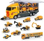 Joyfia 11 in 1 Die-Cast Construction Truck Toys Sets, Mini Engineering Truck Vehicle Container Car in Carrier Truck, Excavator Bulldozer Dumper Truck for 3 Years Old Boys Girls Kids