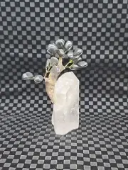 HEMATITE & BRASS BONSAI 4.5" TREE Of LIFE ON QUARTZ CRYSTAL BASE