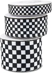 Gadpiparty 3 Rolls Plaid Ribbon Checkered Gingham Ribbon Black Checkered Fabric Polyester