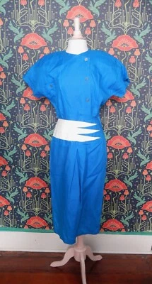 Vintage 80's Space Age Dress Jetsons New Wave Blue Linen White Leather
