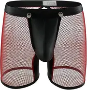 [Evankin] Men's See Through Sexy Mesh with Faux Leather Loose Shorts Pants Erotic Clubwear Button Removable Pouch