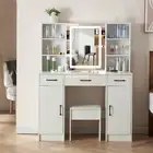 Dressing Table Stool Set Makeup Mirror LED Light Vanity Desk Cabinet Shelf Drawe