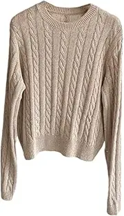 [Generic] Women's Knit Sweater Crew Neck Short Style Cabled Knit Long Sleeve Sweater Pullover Jumper Top