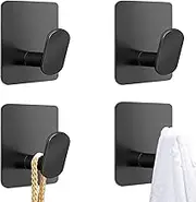 Adhesive Hooks Stainless Steel 4Pcs, Sticky Towel Hooks for Bathroom Wall or Kitchen (Black)