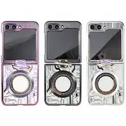 Phone Case For Z Flip 6 Z Flip 5 Back Cover Magnetic Adsorption With Magsafe with Stand Holder Ring Holder Full Body Protective Retro TPU Plating Metal