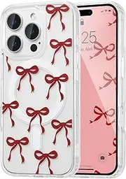 UEEBAI Magnetic for iPhone 12 Case & iPhone 12 Pro Case, Bow Case Compatible with MagSafe, Wireless Slim Clear Ribbon Phone Case Anti-Yellowing Shockproof Protective Cover for Women Girl - Burgundy
