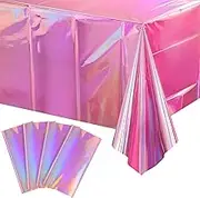 4 Pack Iridescent Pink Plastic Tablecloths, FunnyPars Shiny Disposable Laser Rectangle Table Covers, Holographic Foil Tablecloth Iridescent Party Decorations for Birthday Wedding Christmas, 54x108Inch