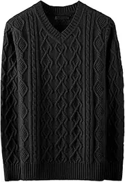 [Qolkmuiy-GJ] Mens Crewneck Drop Shoulder Solid Sweater Cable Knit Twist Pullover Casual Ribbing Edge Textured Sweaters