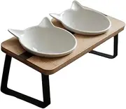 Elevated Cat Bowl Stand for Food and Water – Anti-Vomit Raised Feeding Station with Tilted Stand – Cat Ear Design, Removable Ceramic Bowls, Anti Slip Bamboo Base, Dishes for Indoor Cats & Kittens