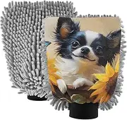 XYMZR Chihuahua Dog Sunflower Cute Absorbent Microfiber Car Wash Mitt, Funny Cute Anime Scratch Free for Cars Cleaning, Home Cleaning Mitts, 2 Pack, 10.24” L x 7.09” W
