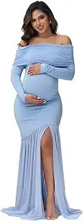 [JustVH] Maternity Long Sleeve Off Shoulder Party Baby Shower Dress Mesh Paneled Split Maxi Photography Gown for Photoshoot