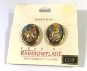 RainbowFlake Genuine Turquoise Lucite 18kt Gold Plate Clip Earrings Carded NOS