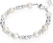 [Crystal Dream] Elegant White Cultured Fresh Water Pearls with Swarovski Crystals with Sterling Silver Beads Luxury Keepsake Child Girl Bracelet Gift (BFWSC)