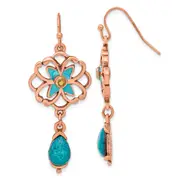 Fashion 1928 Copper-Tone Teal & Brown Glass Stone Enamel Floral Dangle Earrings