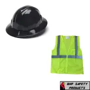 Black Full Brim Safety Hard Hat with Hi-Vis Lime Vest Construction