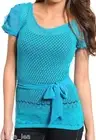 Teal Open Crochet Chiffon Short Sleeve Eyelash Lace Top S/M/L