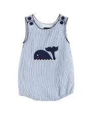 Lil Cactus Seersucker Whale Embroidered Romper
