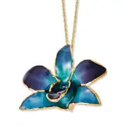 Fashion 24K Gold-Trim Lacquer Dipped Purple And Blue Real Dendrobium Orchid 20 Inch Gold-Tone Necklace