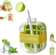 Ice Cube Bottle, 2 in 1 Zero Touch Press Ice Cube Mold Water Bottle with Lid and Bin, Ice Bottle Cup, Easy Press to Release Vertical Ice Cube Tray with Lid for Freezer 500ml