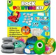 JOYEZA Rock Painting Kit Deluxe, Arts and Crafts for Girls Boys Age 6+, 12 Rocks Tween Gift Art Set, Waterproof Paints, Craft Kits Art Supplies, Kids Crafts Ages 6-8, Kids Activities 6 7 8 9 10