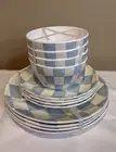 12 Blue White Checkered Melamine Dinner & Salad Plates Tidbit Bowls NWT