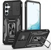 Slide Camera Cover for Samsung Galaxy A34,Kickstand with Built-in 360° Rotate Magnetic Ring Stand Shockproof Protective Armor Cover,Black