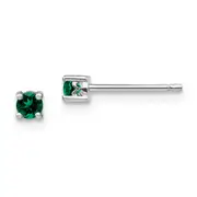 Sterling Silver Rhod-Plated 3mm Round Created Emerald Post Earrings