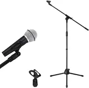 Microphone Stand Telescopic Boom Mic Arm Holder Mount Foldable Lightweight Adjustable Rotatable 85cm to 138cm with Tripod Base Black