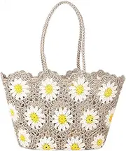 [Qurlon] Handmade Crochet Shoulder Bag with Hollow Flower Pattern Knitted Beach Bag for Women's Summer Style