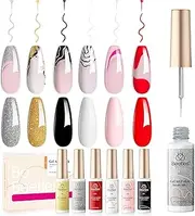 Beetles Gel Polish Nail Art Gel Liner Set-6 Popular Black White Red Colors Gel Art Paint for Swirl Nails Built Thin Nail Art Gel Pens Soak off Gold Silver Glitters