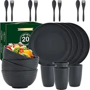 PYRMONT Wheat Straw Dinnerware Sets, Microwave & Dishwasher Safe Unbreakable Dinnerware Set-(20 PCS), Reusable Dishware Sets, Lightweight Camping Dishes, Plates, Cups, Cereal Bowls for 4 (Grey, 20PCS)