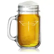 16oz Mason Jar Glass Mug w/ Handle Dragonfly