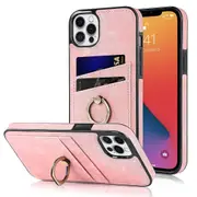 For iPhone Xr Xs 14 13 12 11 Plus Pro Max Case, 360 Rotation Ring Kickstand PU Leather, Pink - iPhone 11 Pro Max