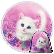 Pink Present White Kitten with Grapes Round Beach Towel