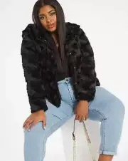 VERO MODA Black Short Hooded Faux Fur Coat / Jacket XXL = UK 16 (ccc301)