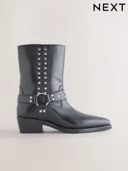 Black Leather Forever Comfort® Studded Hardware Pull-On Midi Boots (F37964) | $206