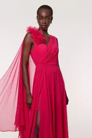 Georgette Pleated Bustier Cape Back Woven Maxi Dress